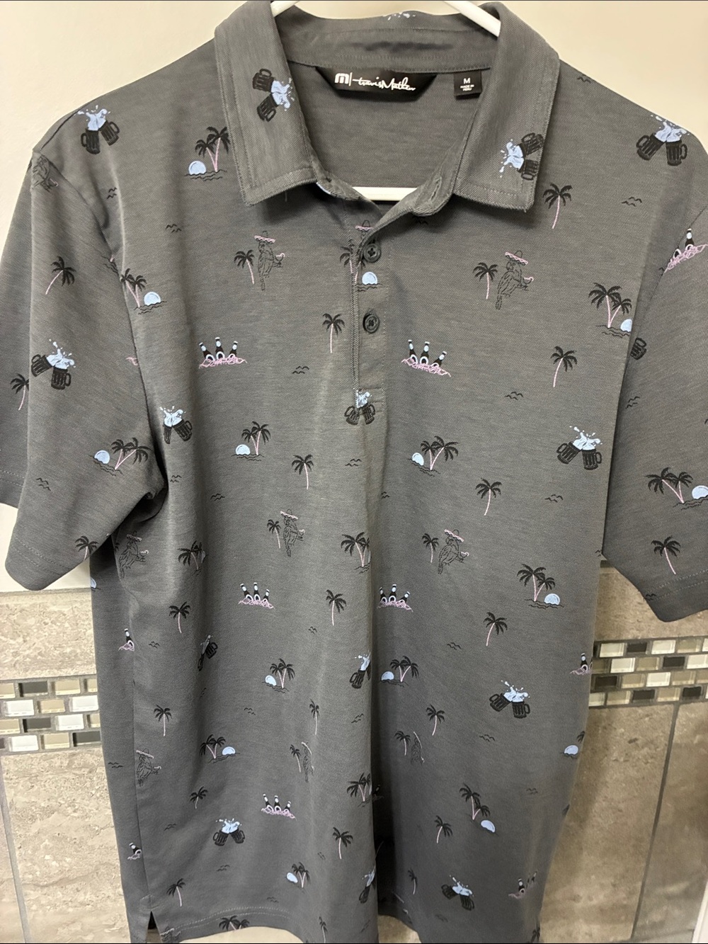 Travis Mathew Gray Polo with Subtle Tropical Motif